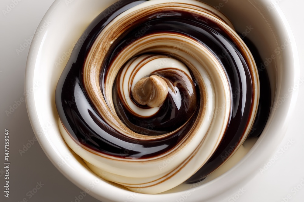 Poster delicious swirl of soft serve ice cream topped with chocolate and caramel sauce in a bowl