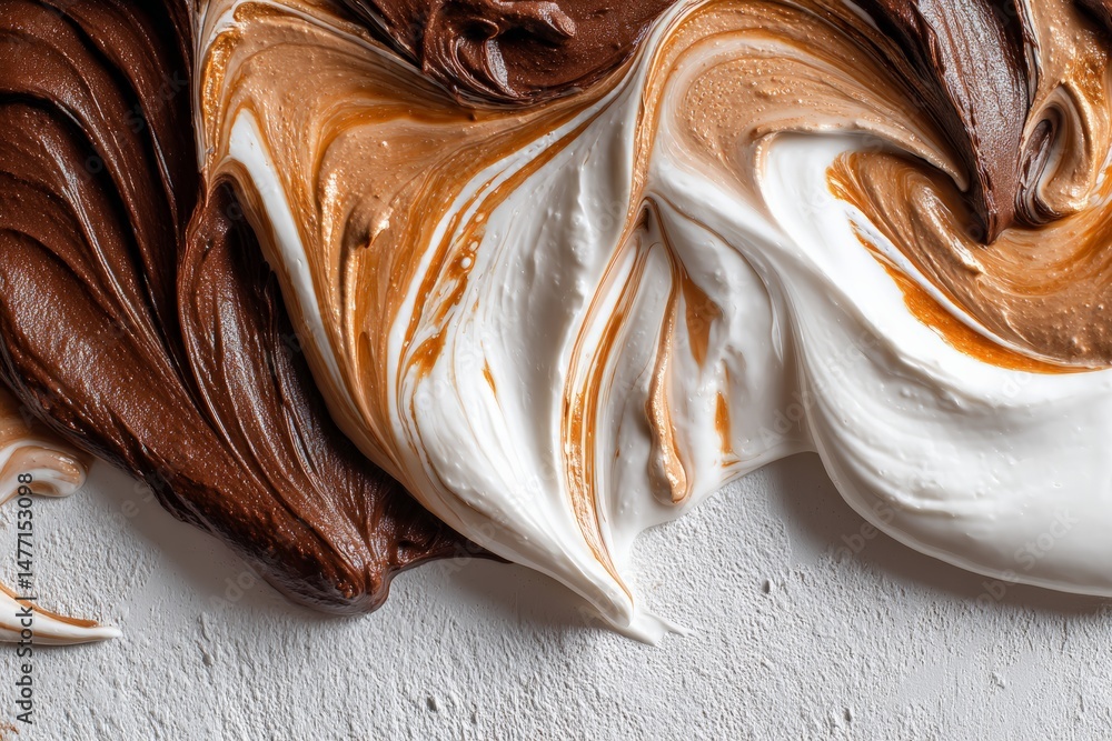 Poster swirls of chocolate and cream create a delectable dessert mixture on a white surface
