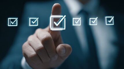 Hand selecting a check box from a series of completed boxes.