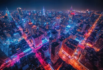 Obraz premium a vibrant aerial view of a sprawling city at night illuminated with a dazzling array of neon blues, pinks, and oranges creating a futuristic urban landscape.