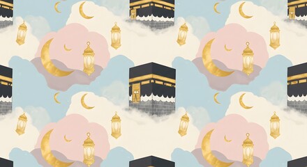 Naklejka premium Kaaba in the Clouds: Islamic Pilgrimage Pattern