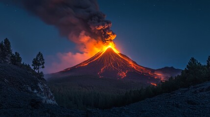 Volcanic eruption at night, with the glowing lava illuminating the surrounding landscape in fiery shades
