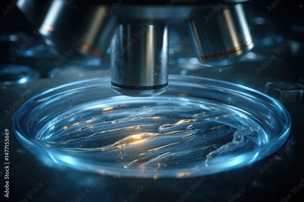 Poster close-up view of a microscope examining a petri dish with glowing liquid inside, creating a surreal 