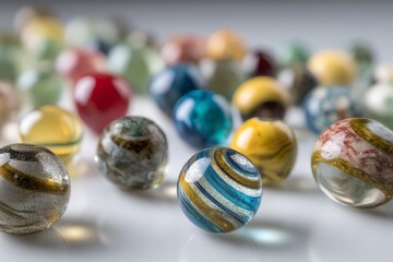 Colorful collection of marbles spread out on a flat surface during daylight