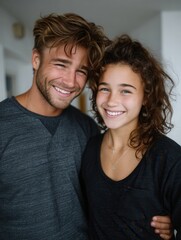 Fototapeta premium Happy young man and girl smiling close-up indoors at home