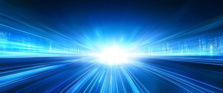 Abstract representation of speed and light with blue lines converging towards a bright central point