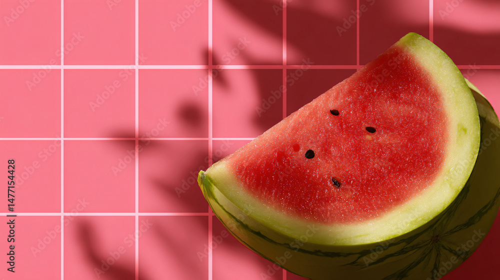 Poster watermelon slice floating above a pink grid.