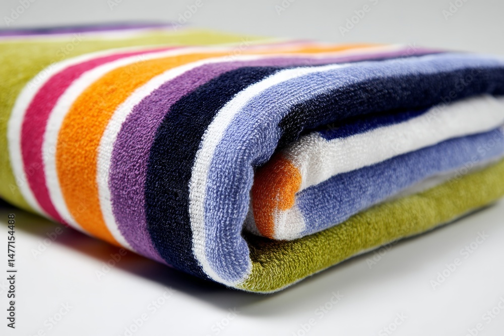 Poster brightly colored striped towels stacked neatly on a surface in a bright, well-lit setting