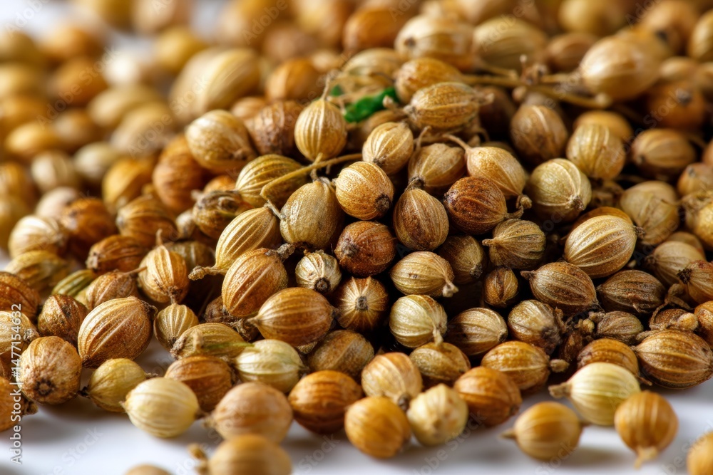 Poster coriander seeds scattered on a white surface highlighting their golden-brown color and unique textur