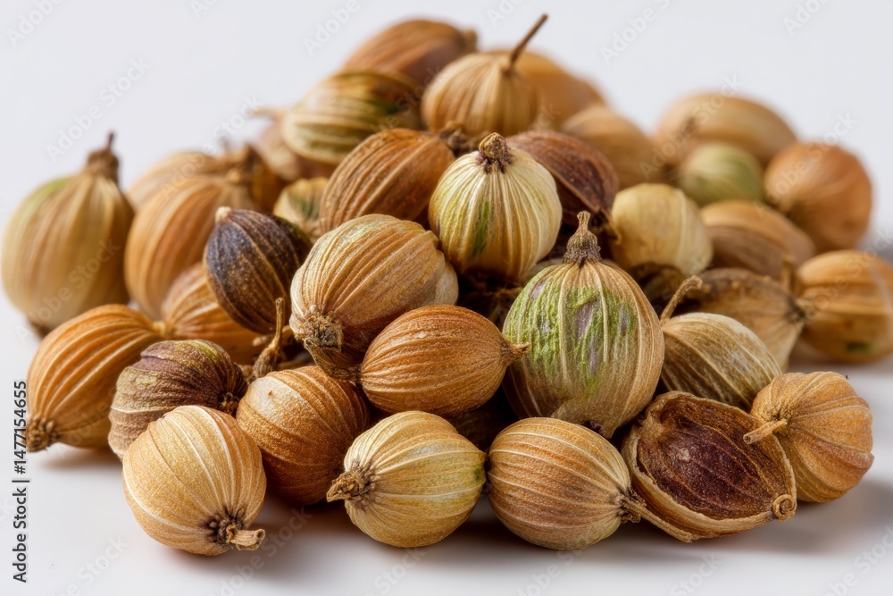 Poster various dried coriander seeds displayed in a close-up arrangement on a white surface in natural ligh