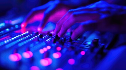 Fototapeta premium Neon Blue and Pink DJ Mixer Close Up: Hands Mixing Music