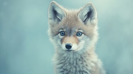 Fototapeta premium Lindo retrato de coyote bebé con fondo azul claro para la educación sobre la vida silvestre y la conservación animal.