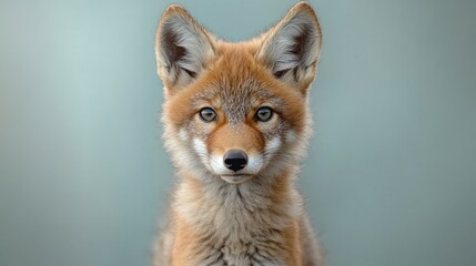 Obraz premium Lindo retrato de coyote bebé con fondo azul claro para la educación sobre la vida silvestre y la conservación animal.