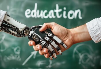 a human hand shakes with a robotic prosthetic hand in front of a chalkboard displaying the word "education" and sketched brain imagery, symbolizing the integration of technology and learning.