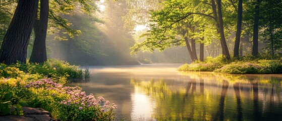Obraz premium Serene Lake at Sunrise in Lush Forest with Foggy Mist and Reflections Landscape Photography