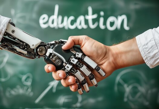 a human hand shakes with a robotic prosthetic hand in front of a chalkboard displaying the word "education" and sketched brain imagery, symbolizing the integration of technology and learning.