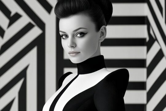 A striking monochrome portrait of a stylish woman with retro hair, wearing a black and white dress, posing against an abstract geometric backdrop.