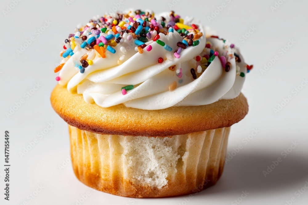 Poster delightful vanilla cupcake topped with creamy frosting and colorful sprinkles on white background