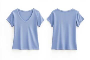 Front and Back View of a Blue V-neck T-shirt on White Background Studio Shot Casual Style Apparel Fashion Clothing