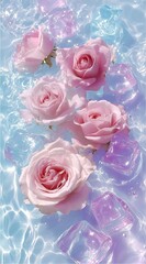 Pink roses and ice cubes floating in clear water, pastel pink, blue, purple, and white colors, in