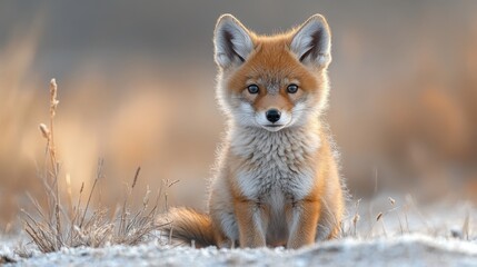 Naklejka premium Lindo retrato de coyote bebé con fondo azul claro para la educación sobre la vida silvestre y la conservación animal.
