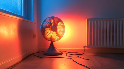 Modern Heating: A contemporary space heater illuminates a room with a warm, inviting glow, casting vibrant hues and creating a sense of cozy ambiance.