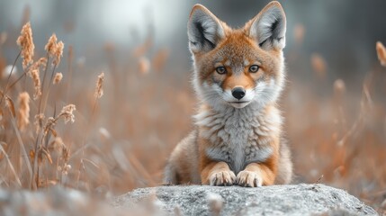Fototapeta premium Lindo retrato de coyote bebé con fondo azul claro para la educación sobre la vida silvestre y la conservación animal.