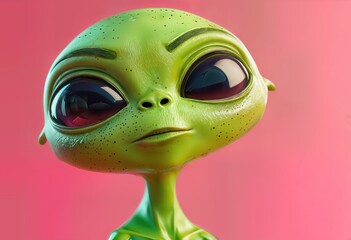 a close-up render of a cute, stylized green alien with large red eyes against a vibrant pink background.