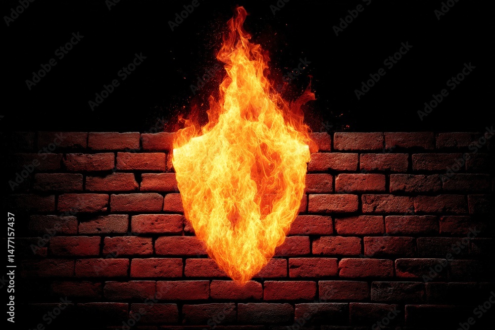 Poster bright flames form a shield against a dark brick background in a creative artistic display