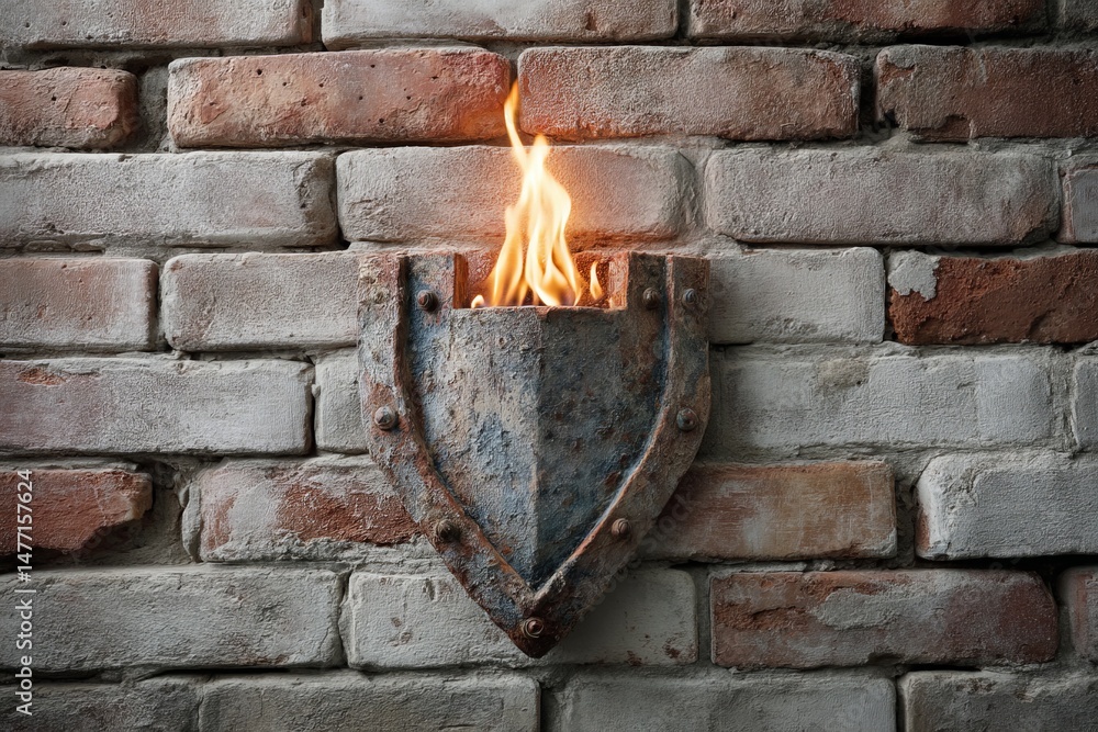 Poster decorative shield with flames mounted on brick wall creates a striking ambiance in a rustic setting