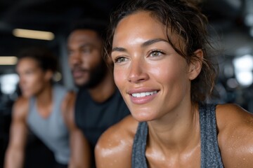 Fototapeta premium An athletic woman, glistening with perspiration, shares a joyful smile post workout, radiating health and vitality in a dynamic gym setting filled with positive energy.