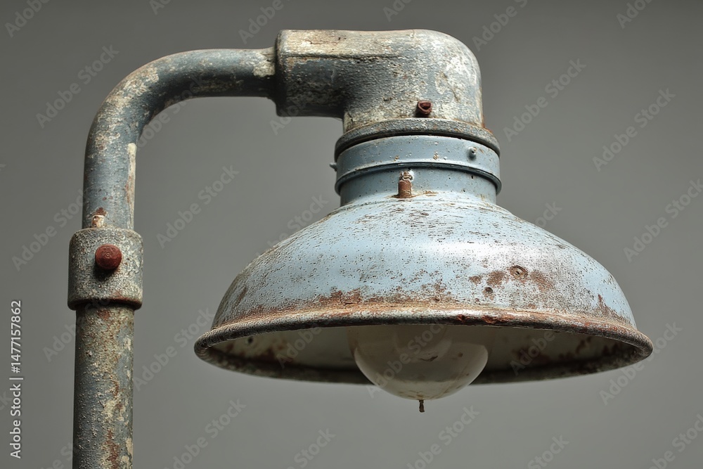 Poster rusty industrial lamp hanging from a pipe in a minimalist studio setting during daylight hours