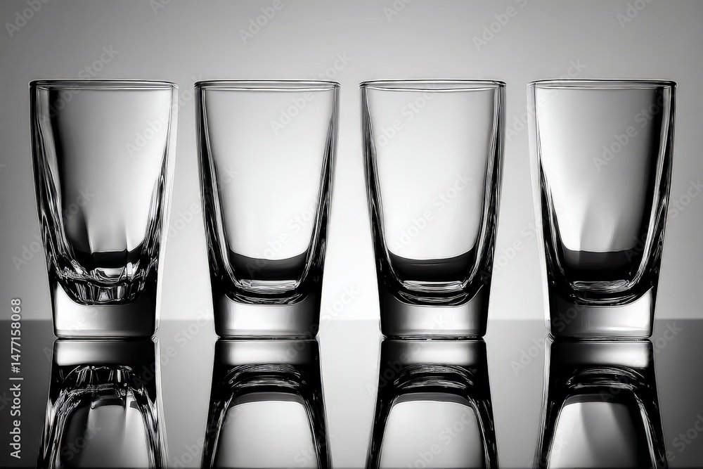 Poster clear glass shot glasses arranged in a row reflecting soft light on a dark surface