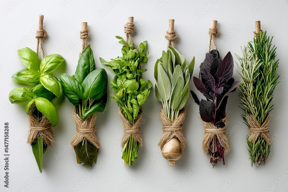 Aufkleber Fresh herbs neatly arranged and tied with twine on a light surface for culinary use and decoration