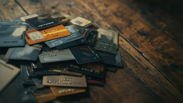 Stack of credit cards resting on rustic wooden table