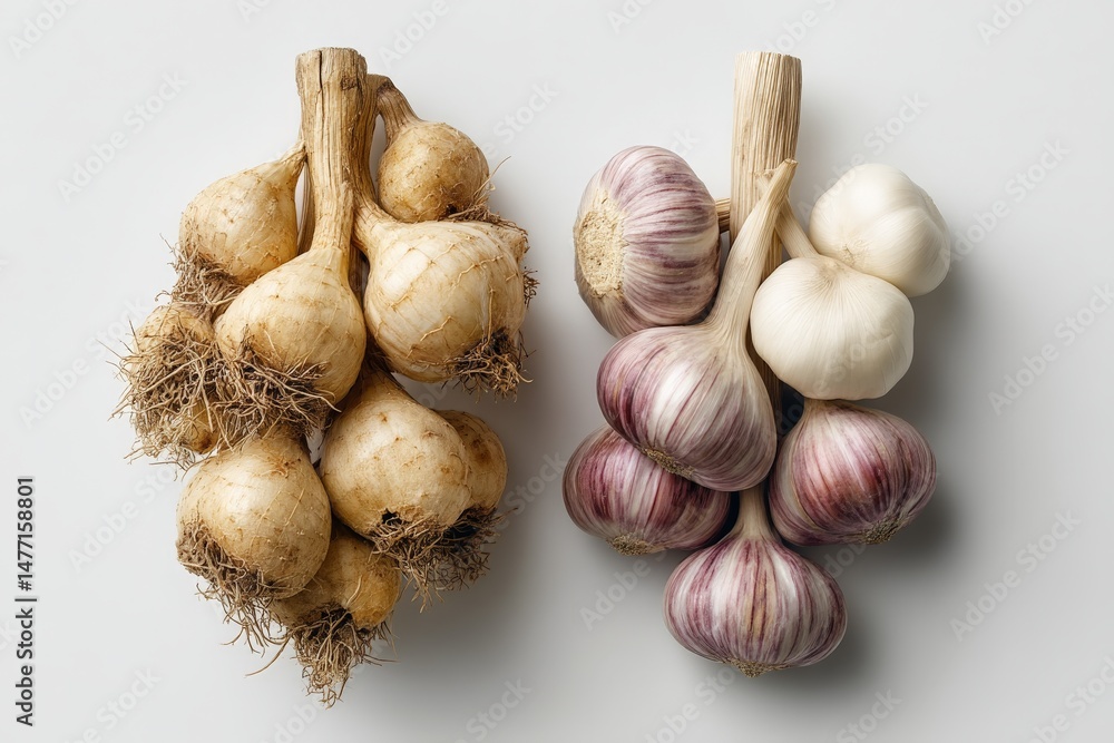 Poster Garlic varieties displayed on a neutral background showcasing their unique textures and colors