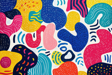Naklejka premium Colorful Abstract Shape Art Background. Abstract art featuring colorful shapes on a textured off-white background. The vibrant artwork is fun and visually appealing.