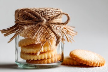 Freshly baked cookies in a jar tied with twine on a simple surface
