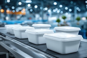 Fototapeta premium Plastic containers moving along a conveyor belt, industrial production line processing food packaging with modern machinery, food manufacturing process, factory automation.