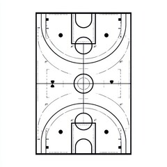 Detailed basketball court diagram, full court layout with markings, free throw lines, three-point arcs, center circle, and boundary lines for sports play