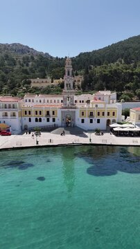 Monastery of Panormitis in Symi island of Greece. The monastery is a public Orthodox Church of the Archangel Michael who is locally called Panormitis. Symi island is located in Greece. 10