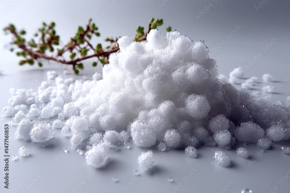 Poster Snow-like texture created by tiny white balls contrasts with a small green branch in a minimalist setting