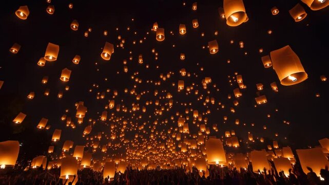 Crowd releasing floating lanterns into night sky during yi peng festival
