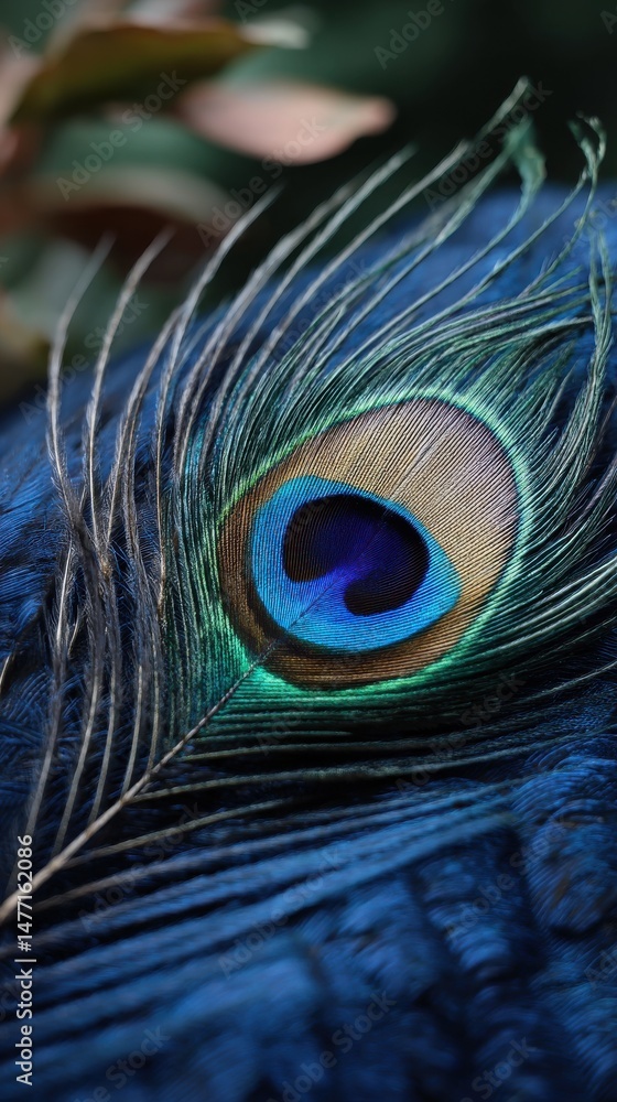 Poster peacock feather macro close-up showing vivid colors and intricate patterns. nature's beauty exemplif