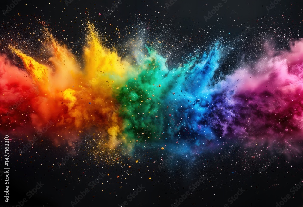 Poster a vibrant explosion of multicolored powder particles suspended in mid-air against a black background