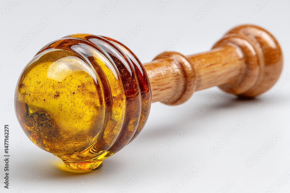 Poster Honey dipper made of wood with amber-colored honey dripping from the end in a bright setting