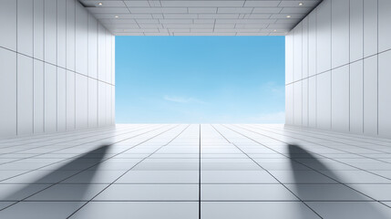 An open modern architectural structure with a clean white tiled floor and walls leads to a bright blue sky, creating a sense of openness and possibilities ahead.