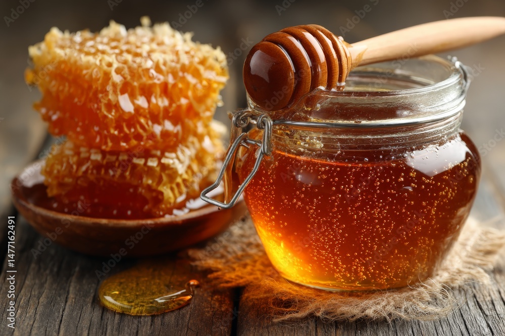 Aufkleber Natural honey in a jar with honeycomb on a wooden table in a warm setting