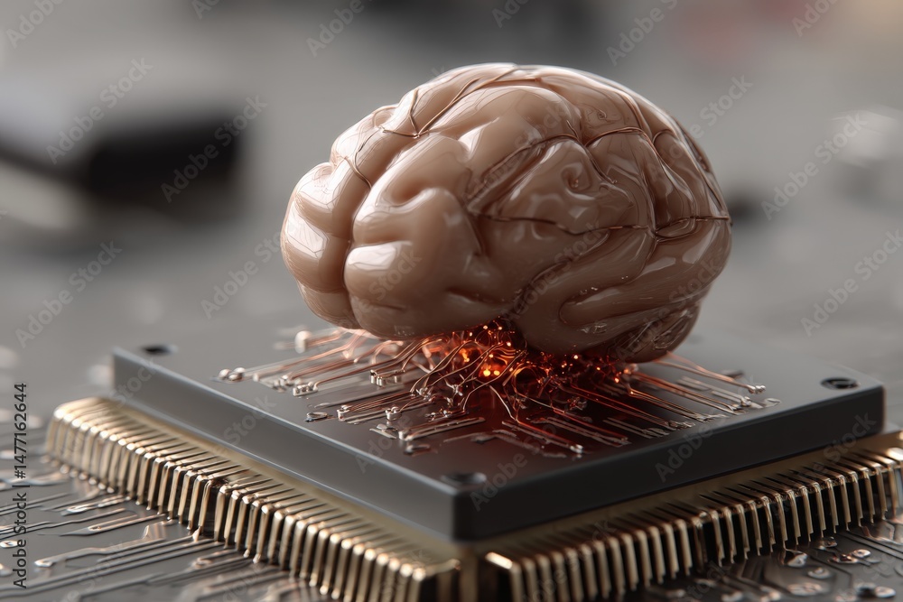 Aufkleber Artificial intelligence concept featuring a brain on a microchip with glowing circuits
