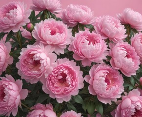 Naklejka premium Dense cluster of pink peonies, soft pink backdrop , garden, romantic, petals